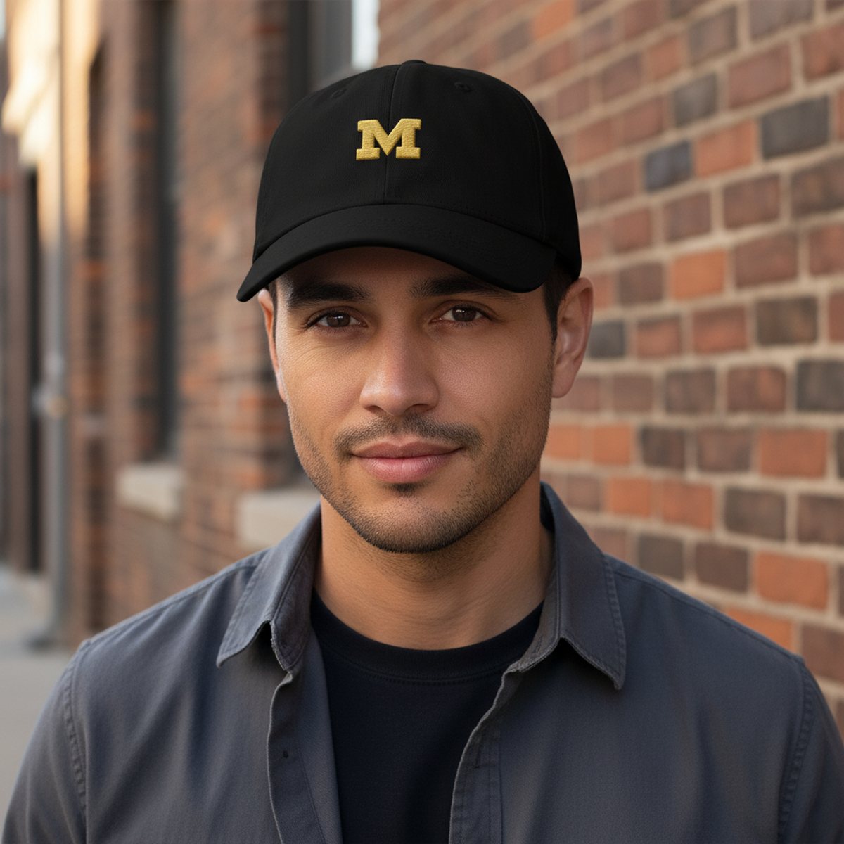 A man in the city wearing a black cap with a single large stitched initial