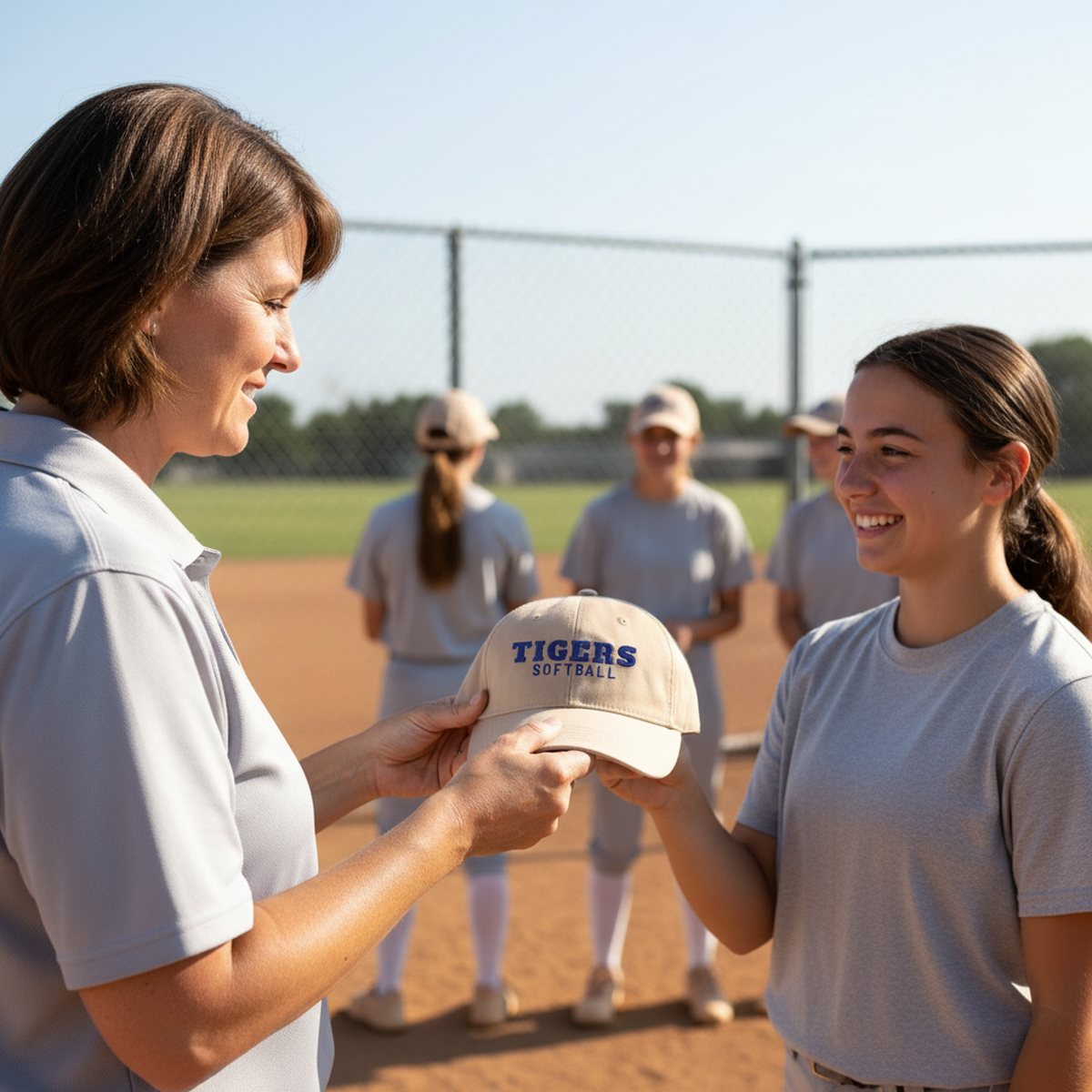 A coach handing a player her embroidered team cap at the field