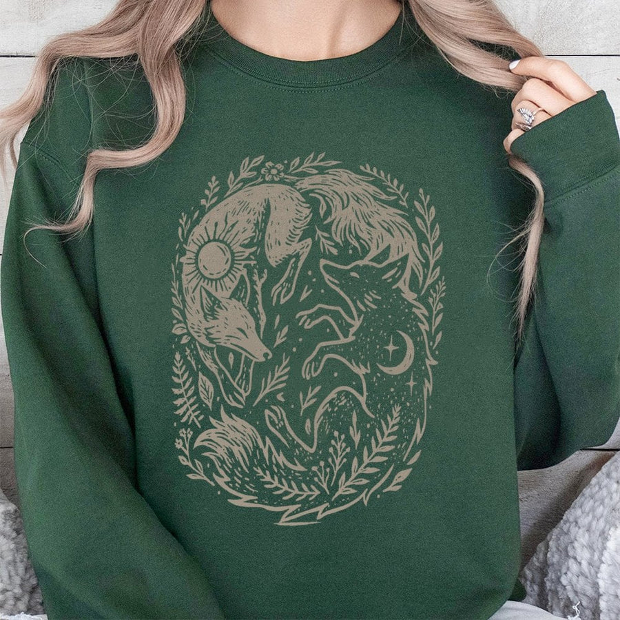 Fox Yin Yang Sweatshirt | Celestial Sun and Moon Naturecore Graphic | Premium Cotton Blend Crewneck | Mystical Animal Aesthetic Gift for Her