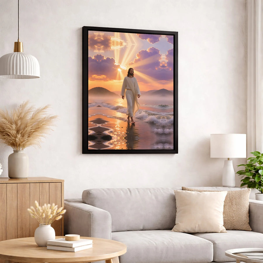 Jesus Walking On Water Canvas | Scenic Sunrise Religious Wall Art | Premium 1.25 Inch Gallery Wrap | Christian Home Decor Gift