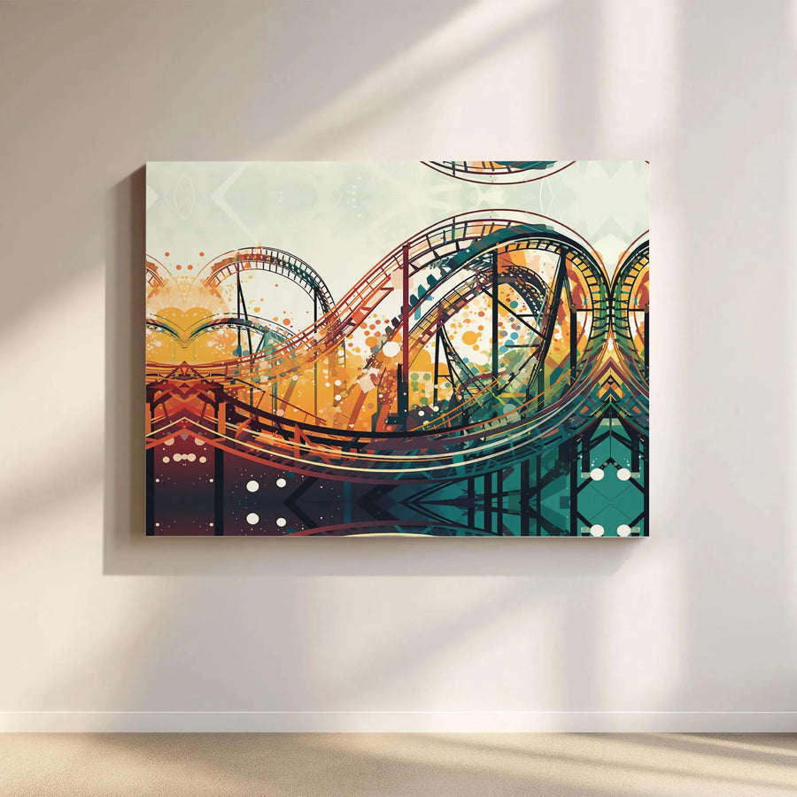Roller Coaster Canvas Wall Art | Vibrant Abstract Theme Park Print | Premium Gallery Wrapped Decor | Modern Office Home Gift