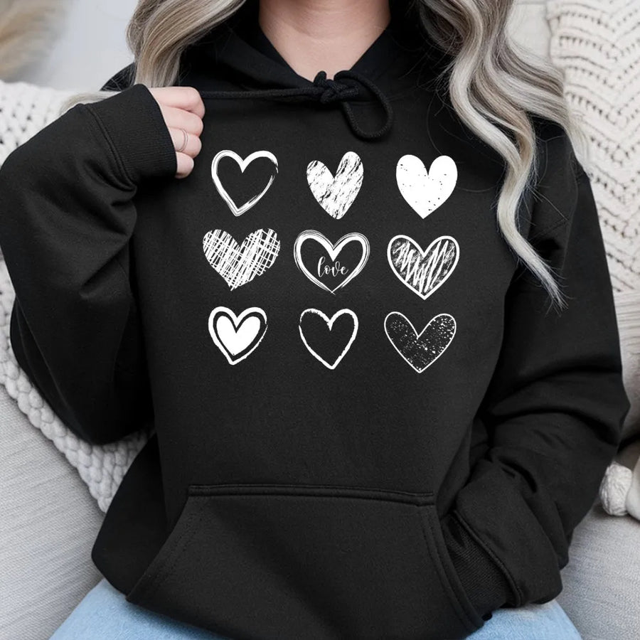 Heart Hoodie | Aesthetic Doodle Hearts Graphic Print | Soft Cotton-Blend Unisex Pullover | Valentine’s Day Gift for Her