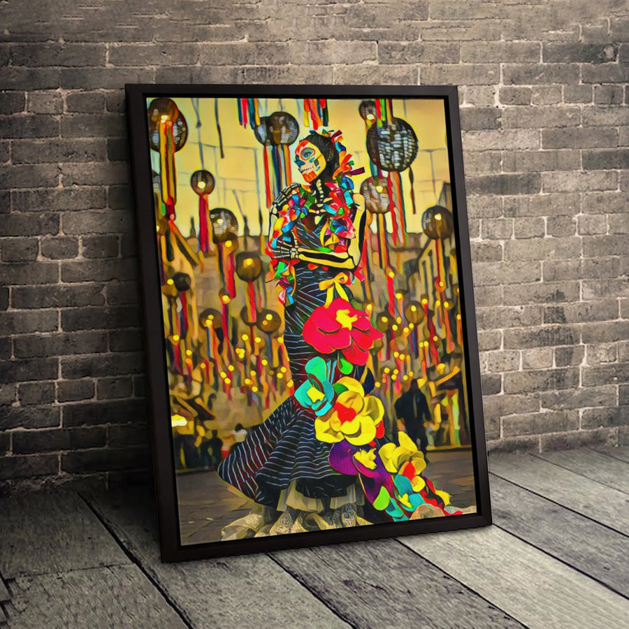 Dia De Los Muertos Wall Art | La Catrina Sugar Skull Floral Painting | Premium Gallery Wrap Canvas | Mexican Folk Art Decor Gift