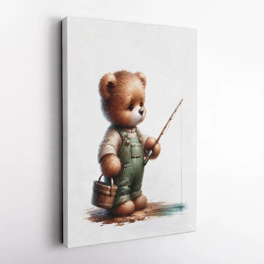 Cute Fishing Bear Canvas Art | Whimsical Wildlife Nursery Wall Decor | Premium 1.25" Gallery Wrap | Perfect Gift for Kids and Animal Lovers