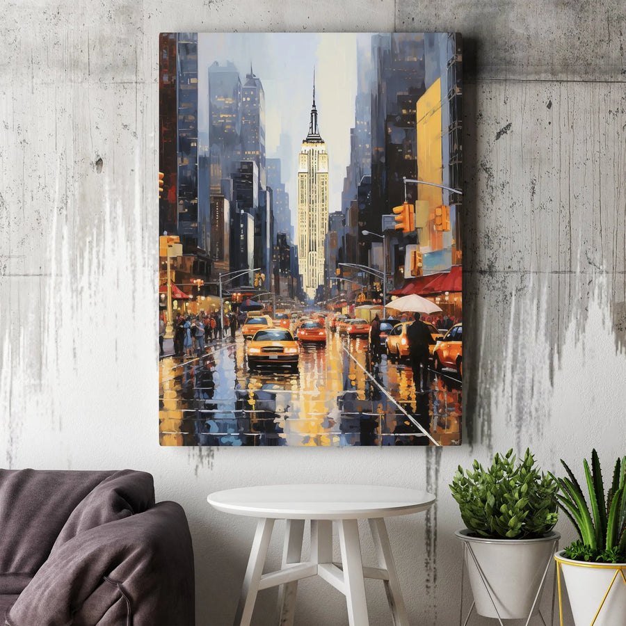 New York City Canvas Wall Art | Impressionist Rainy Night Painting with Yellow Cabs | Premium Gallery Wrapped Canvas | Modern Cityscape Home Decor Gift
