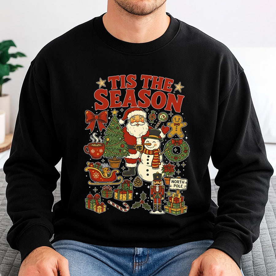Tis The Season Christmas Sweatshirt | Vintage Santa & Snowman Graphic | Premium Cotton Blend | Holiday Gift for Women and Men