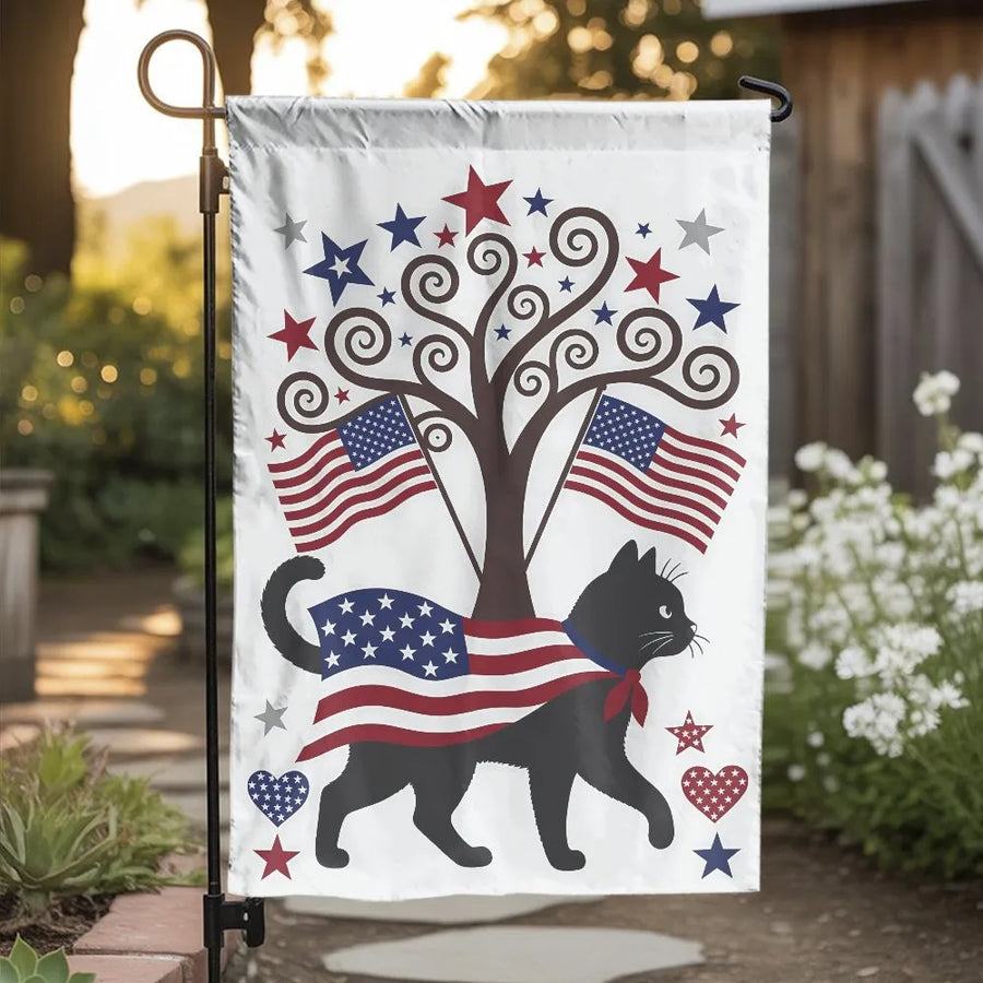 Patriotic Black Cat Garden Flag | Double Sided USA American Flag & Stars Tree Design | Premium Weather Resistant Double Layer Polyester | 4th of July Outdoor Yard Decor Gift for Cat Lovers