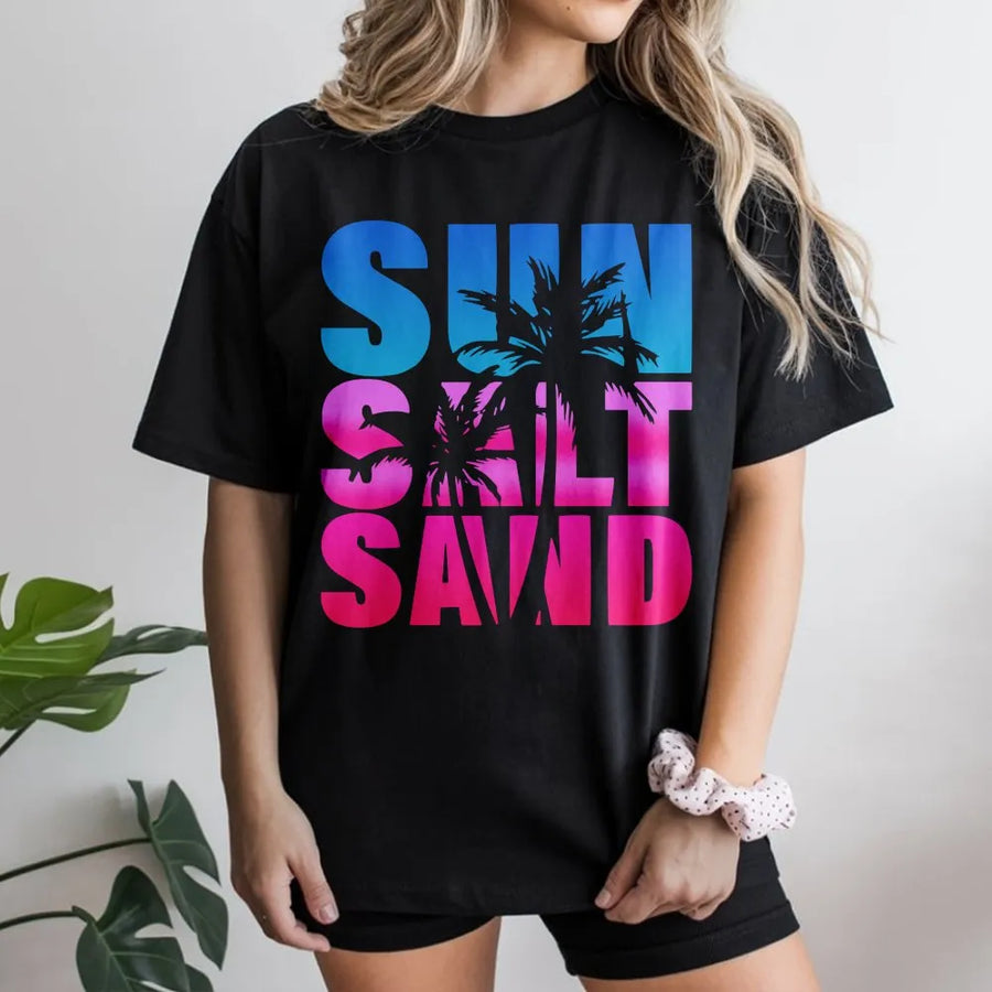 Sun Salt Sand T-Shirt | Pink & Blue Ombre Palm Tree Graphic | Cozy Cotton Blend Pullover | Trendy Beach Lover Gift for Summer Vacation
