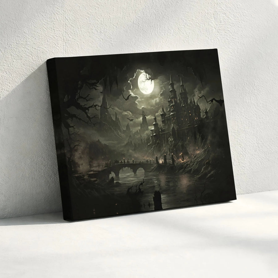 Gothic Castle Canvas Wall Art | Dark Fantasy Night Landscape | Premium 1.25 Inch Gallery Wrap | Spooky Home Decor Gift