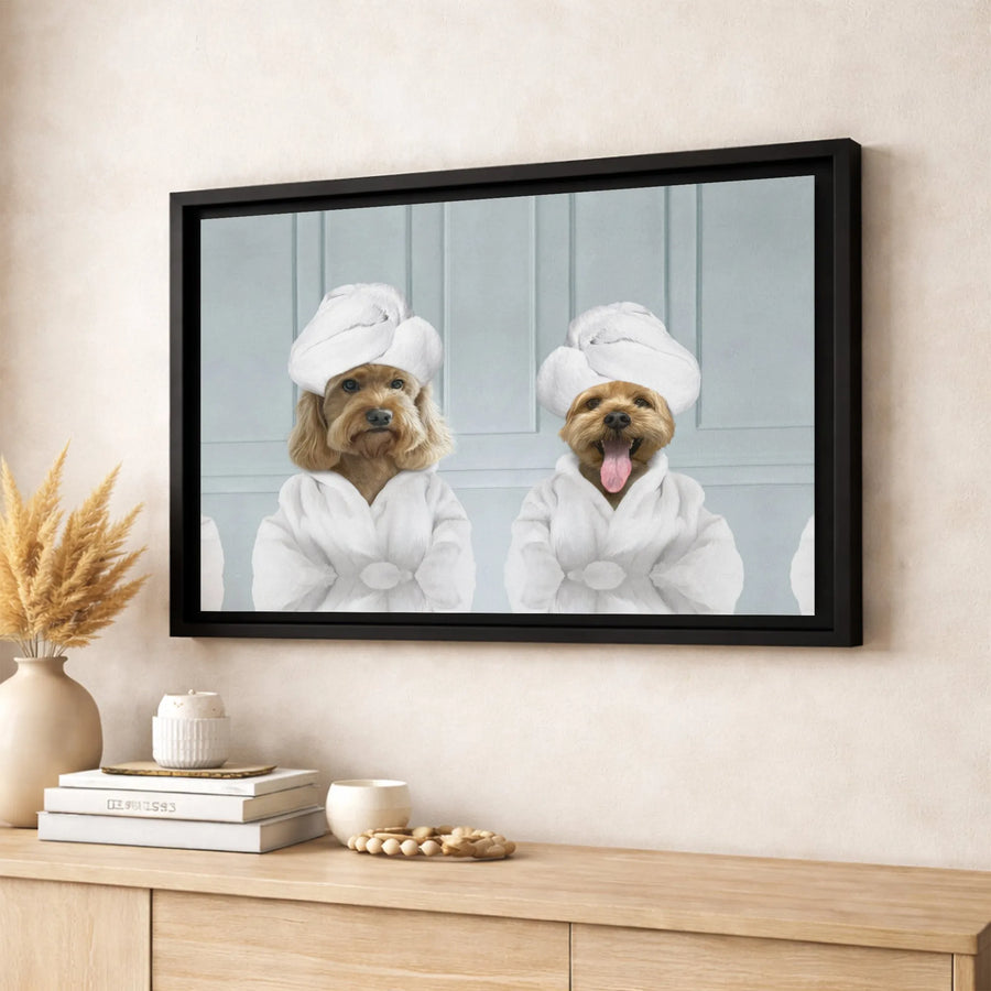 Dog Spa Wall Art | Two Dogs In Bathrobes And Towels Print | Gallery-Quality 1.25 Inch Thick Canvas | Whimsical Animal Portrait Home Decor Gift