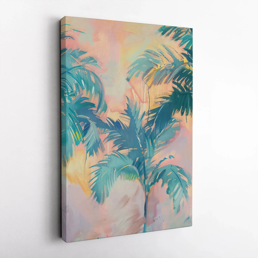 Abstract Tropical Palm Tree Canvas Art | Pink and Teal Coastal Wall Decor | Premium Gallery Wrap Print | Modern Beach House Living Room Gift