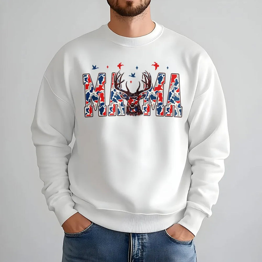 Camo Mama Sweatshirt | Patriotic USA Flag Deer Graphic | Soft 100% Cotton | 4th of July Gift for Hunting Mom