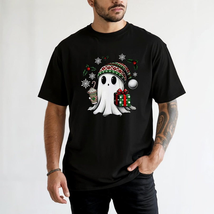 Christmas Ghost T-Shirt | Cute Holiday Spooky Spirit with Gift | 100% Cotton Premium Graphic Tee | Unisex Funny Xmas Gift for Ghost Lovers
