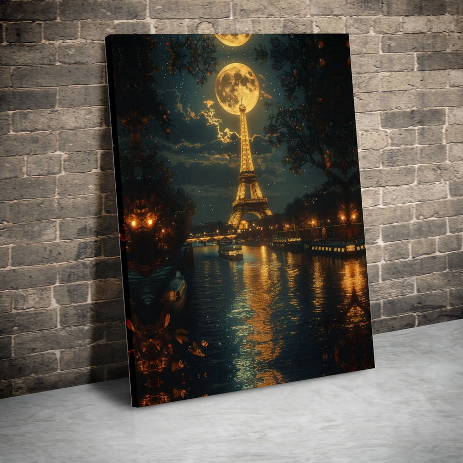 Eiffel Tower Canvas Print | Parisian Night Landscape with Full Moon | Premium Gallery-Wrap Wall Art | Romantic Travel Decor Gift