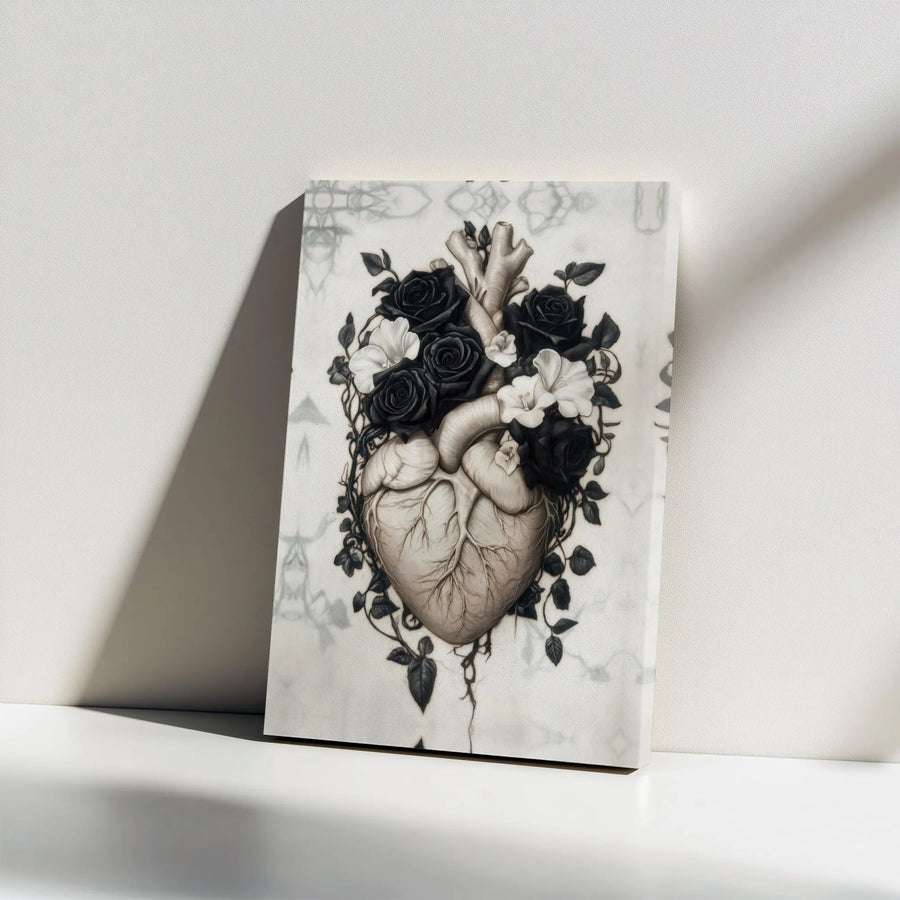 Anatomical Heart Canvas Art | Vintage Floral Illustration with Black Roses | Premium Gallery Wrapped Print | Gothic Home Decor Gift for Doctor