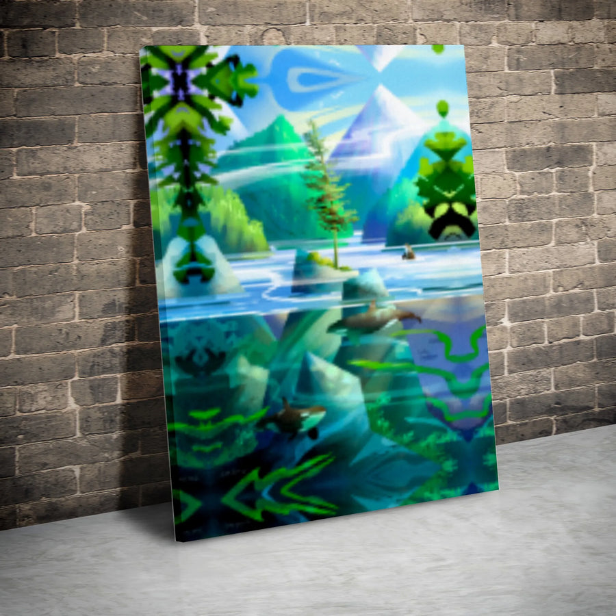 Orca Whale Wall Art | Kaleidoscopic River Landscape Canvas | 1.25” Gallery Wrap Premium Print | Nature-Inspired Home Decor