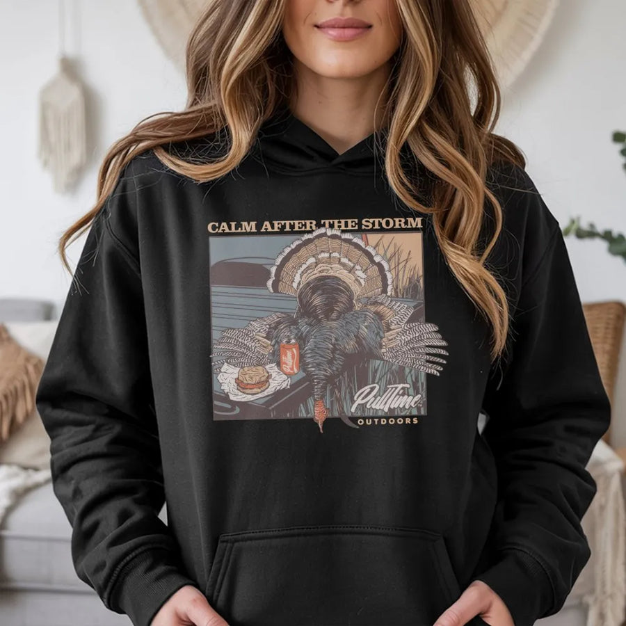 Turkey Hunting Hoodie | Calm After The Storm Graphic | Cotton-Blend Premium Apparel | Gift for Outdoorsmen and Hunters