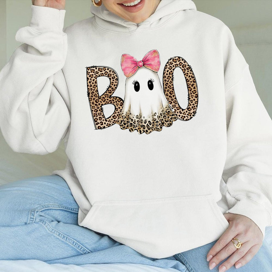 Boo Ghost Hoodie | Leopard Print Spooky Coquette Aesthetic | Premium Cotton-Blend | Trendy Halloween Gift for Women