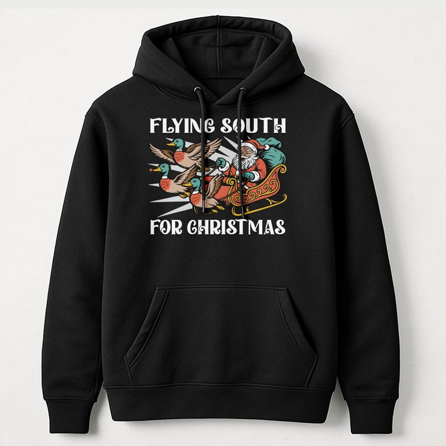 Flying South For Christmas Hoodie | Santa Claus Duck Hunting Graphic | Premium Cotton Blend | Funny Holiday Gift For Hunters And Outdoorsmen
