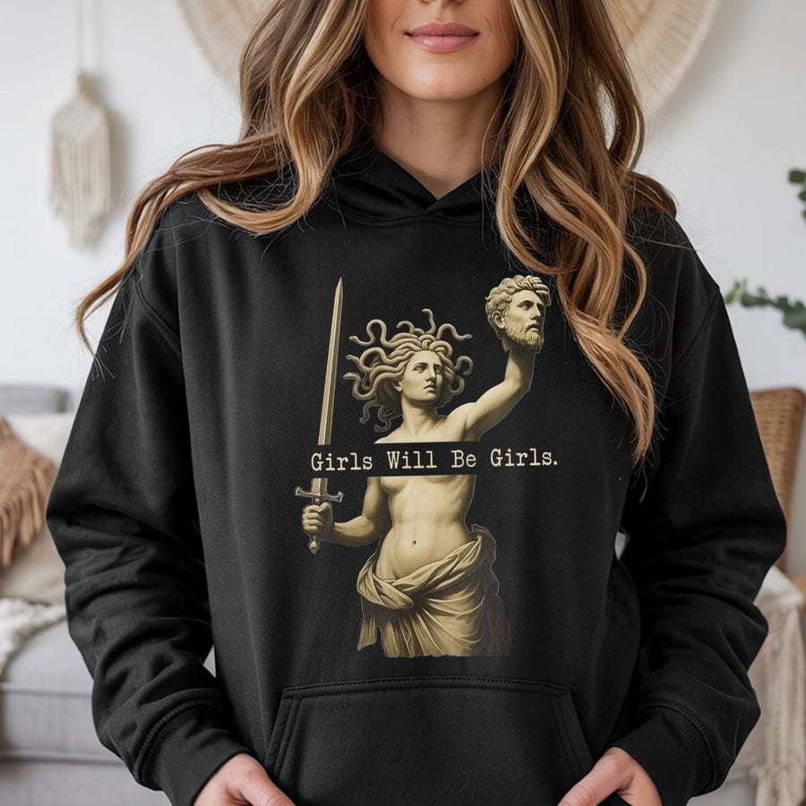 Medusa Graphic Hoodie | Girls Will Be Girls Feminist Aesthetic | Premium Cotton Blend | Empowering Mythological Gift For Women And Mythology Lovers