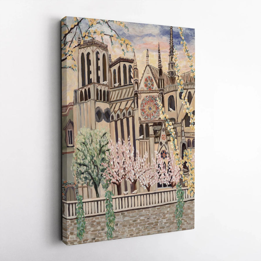 Notre Dame Cathedral Canvas Wall Art | Impressionist Spring in Paris Painting | Premium Gallery Wrapped Canvas | Romantic Paris Home Decor Gift