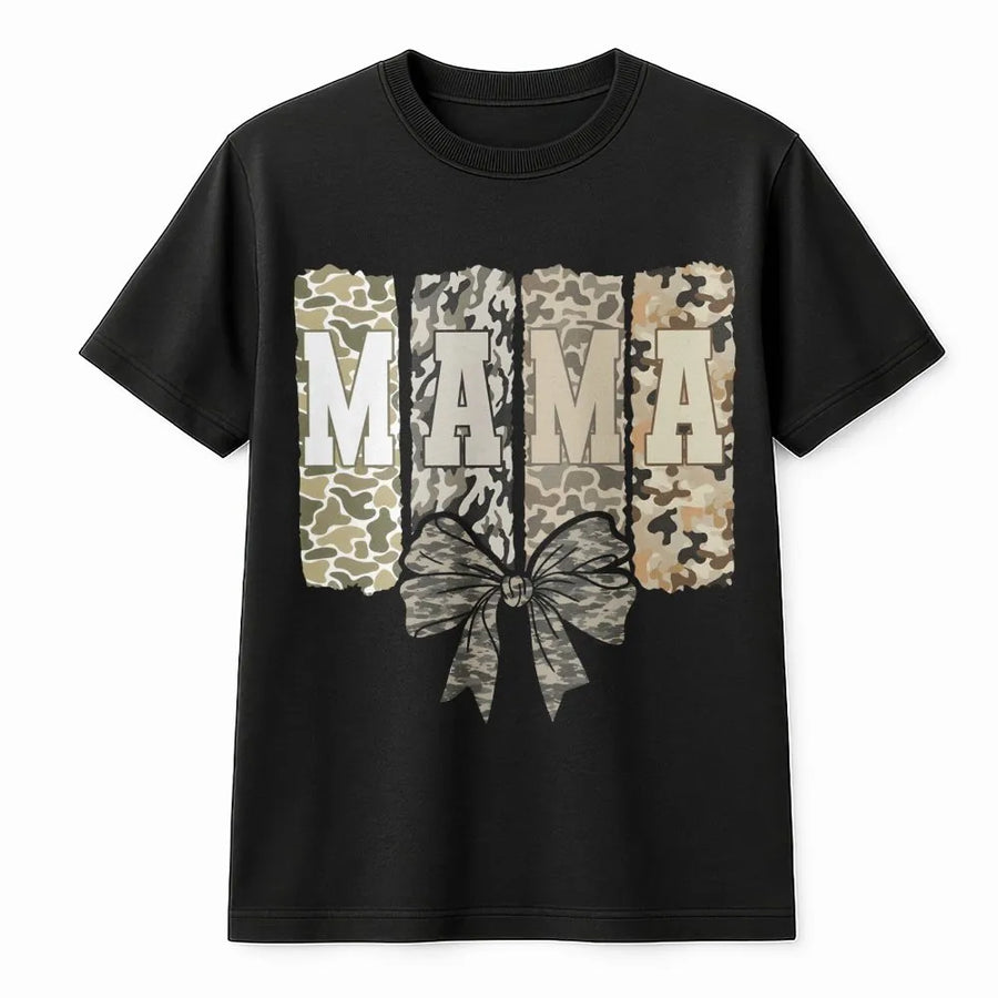 Mama Camo Bow T-Shirt | Trendy Coquette Aesthetic Graphic Tee | Premium Soft Cotton | Mother's Day 2026 Gift for Mom and Wife