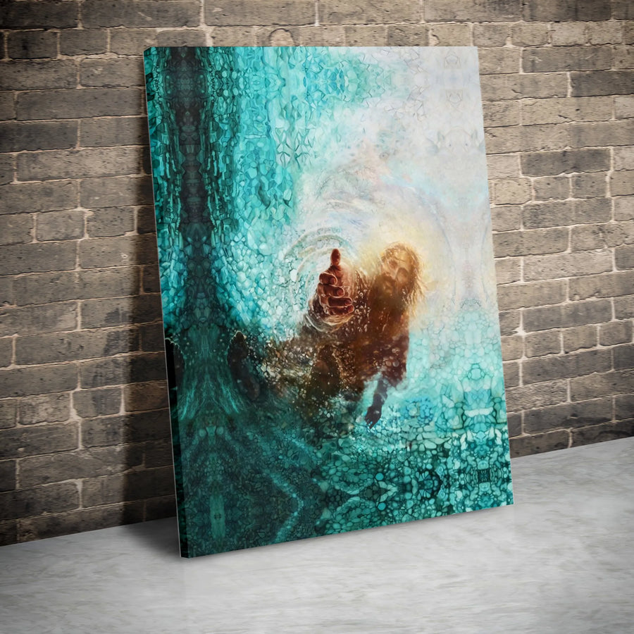 Jesus Reaching Hand Canvas Print | Spiritual Water Rescue Wall Art | Premium Gallery-Wrapped Decor | Christian Religious Gift for Home