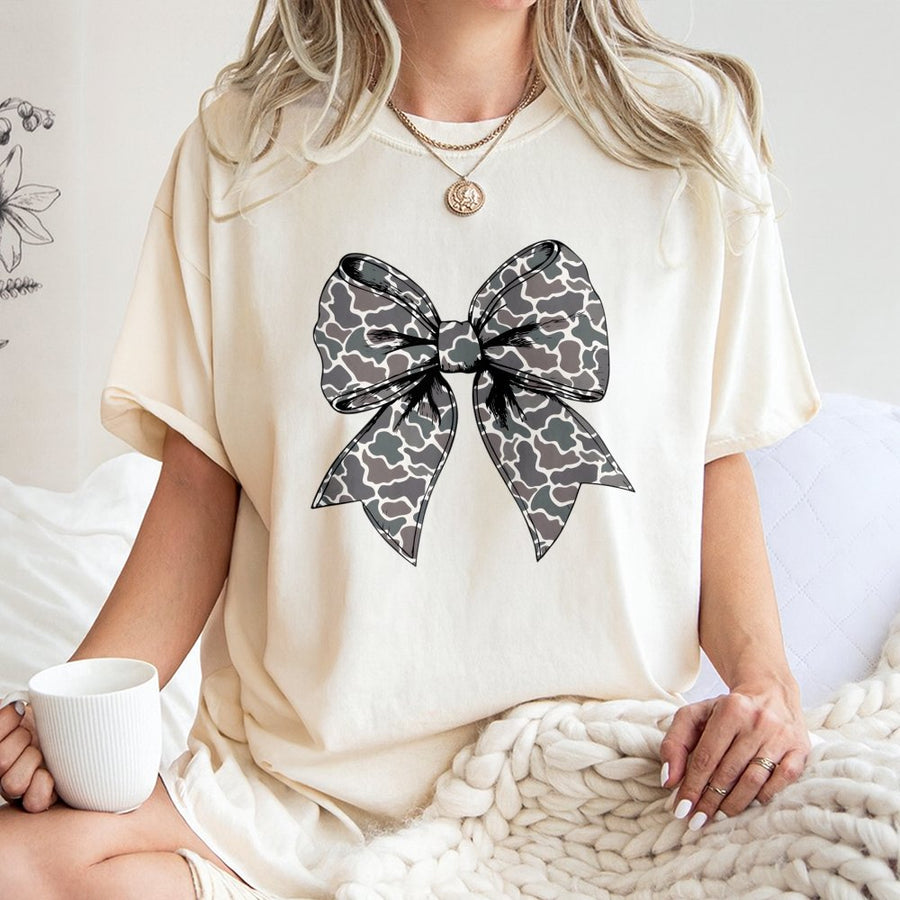 Camo Bow T-Shirt | Coquette Aesthetic Hunting Gift | Premium Soft Cotton Graphic Tee | Trendy Country Girl Style for Women