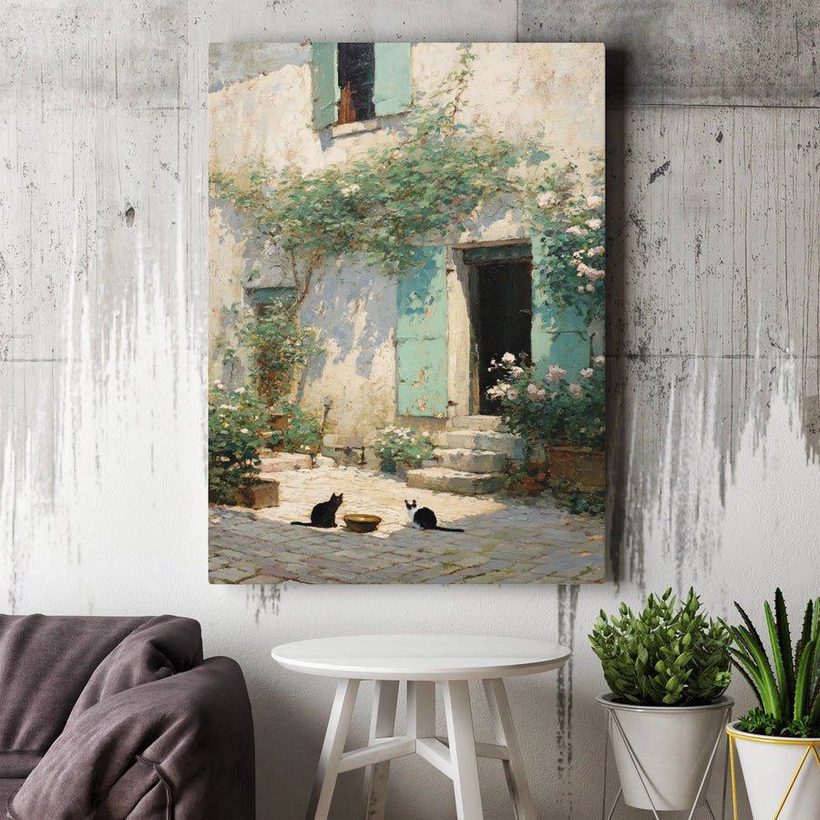 French Country Garden Canvas Print | Two Cats in Courtyard Oil Painting | Premium Gallery Wrap Wall Art | Charming Farmhouse Home Decor