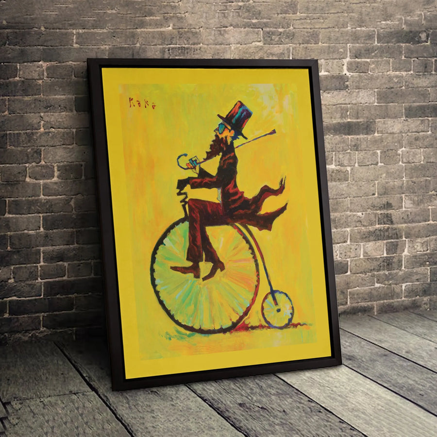 Penny Farthing Bicycle Wall Art | Whimsical Victorian Gentleman Portrait | Gallery Quality Canvas Print | Unique Office Decor Gift