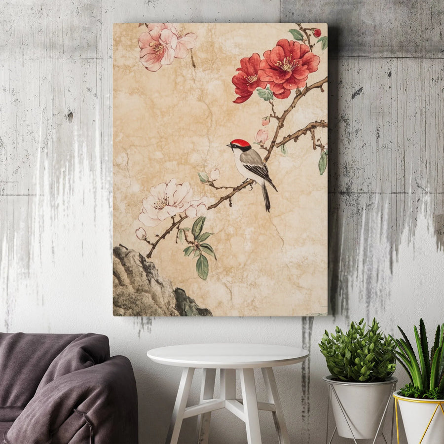 Asian Bird Canvas Wall Art | Red-Capped Bird Flowering Branch | Premium Gallery Wrap Print | Nature Inspired Home Decor Gift