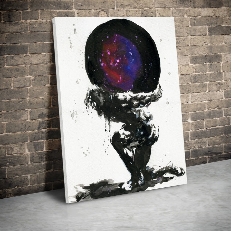 Atlas Greek Titan Holding Galaxy Canvas Print | Modern Ink Wash Wall Art | Premium 1.25" Gallery Wrap | Mythological Home Decor Gift