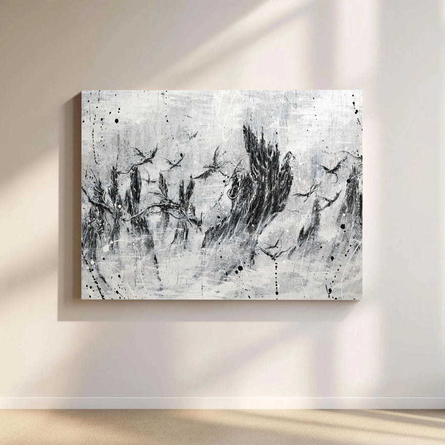 Abstract Bird Wall Art | Monochrome Splatter Ink Nature Canvas | Premium 1.25-Inch Gallery Wrap | Modern Minimalist Home Office Decor