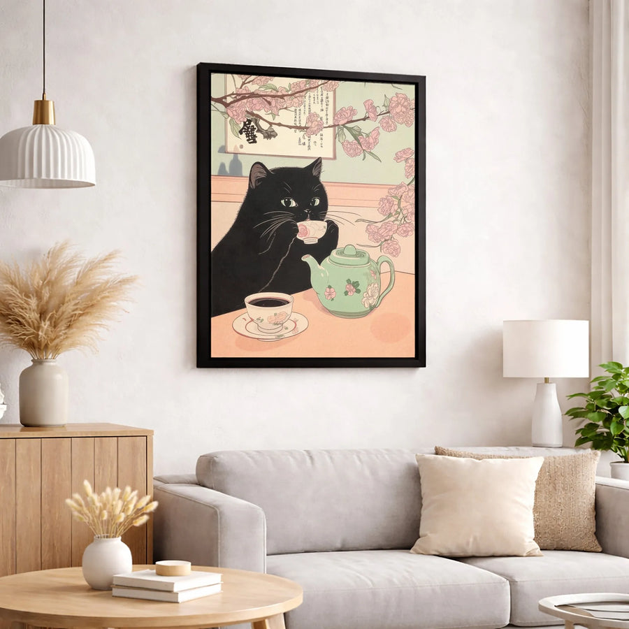 Black Cat Wall Art | Japanese Ukiyo-e Tea Time Print | Premium Gallery Wrap Canvas | Whimsical Home Decor Gift for Cat Lovers