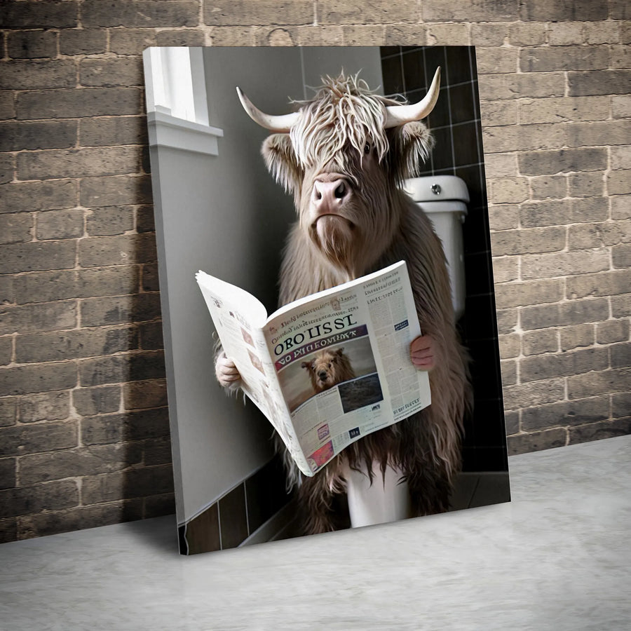 Highland Cow Wall Art | Funny Toilet Reading Newspaper Print | Premium Gallery Wrapped Canvas | Bathroom Decor Gift for Farmhouse Lovers