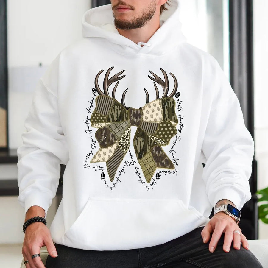 Hello Hunting Season Goodbye Husband Hoodie | Deer Antler Camo Bow Design | Premium Soft Fleece | Funny Gift For Hunting Wives