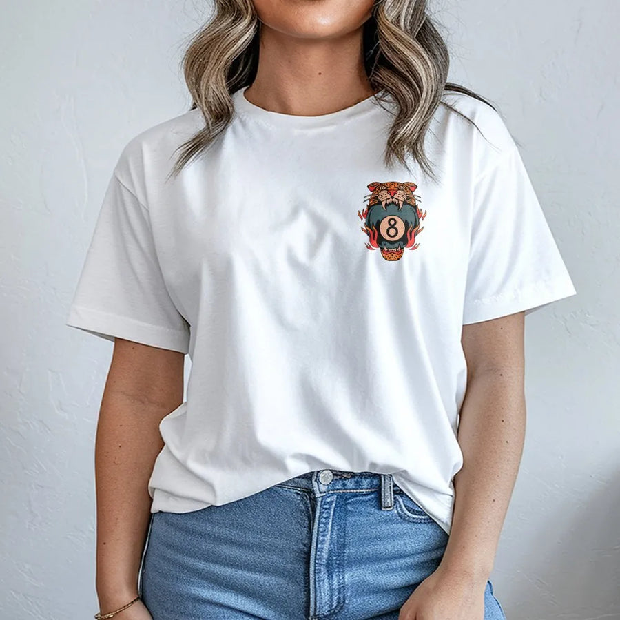 Tiger 8 Ball T-Shirt | Vintage Traditional Tattoo Style | Soft Unisex Crewneck | Collector's Gift for Pool Player