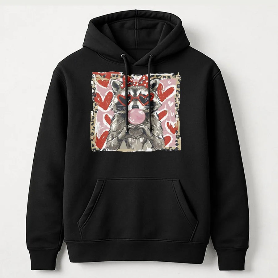 Valentine Raccoon Hoodie | Cute Heart Sunglasses Bubblegum Graphic | Cotton Blend Unisex Sweatshirt | Gift for Her Girlfriend Coquette Aesthetic
