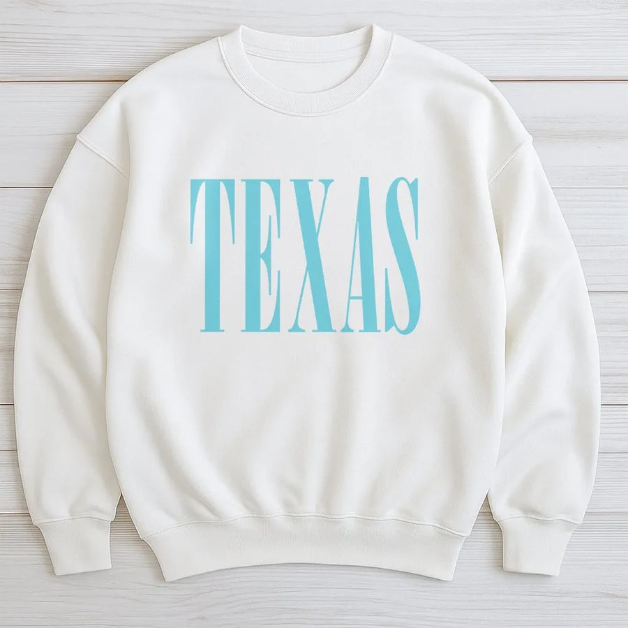 Texas Sweatshirt | Minimalist Serif Font Crewneck | Soft Cotton Blend Pullover | Texas Pride Souvenir Gift for Men & Women