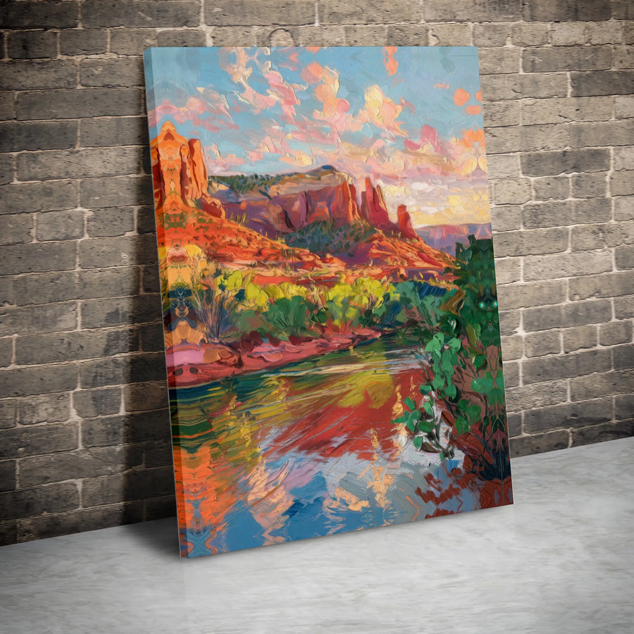 Sedona Red Rock Landscape Canvas | Impressionist Arizona River Wall Art | Gallery Quality Premium Print | Southwestern Home Decor Gift