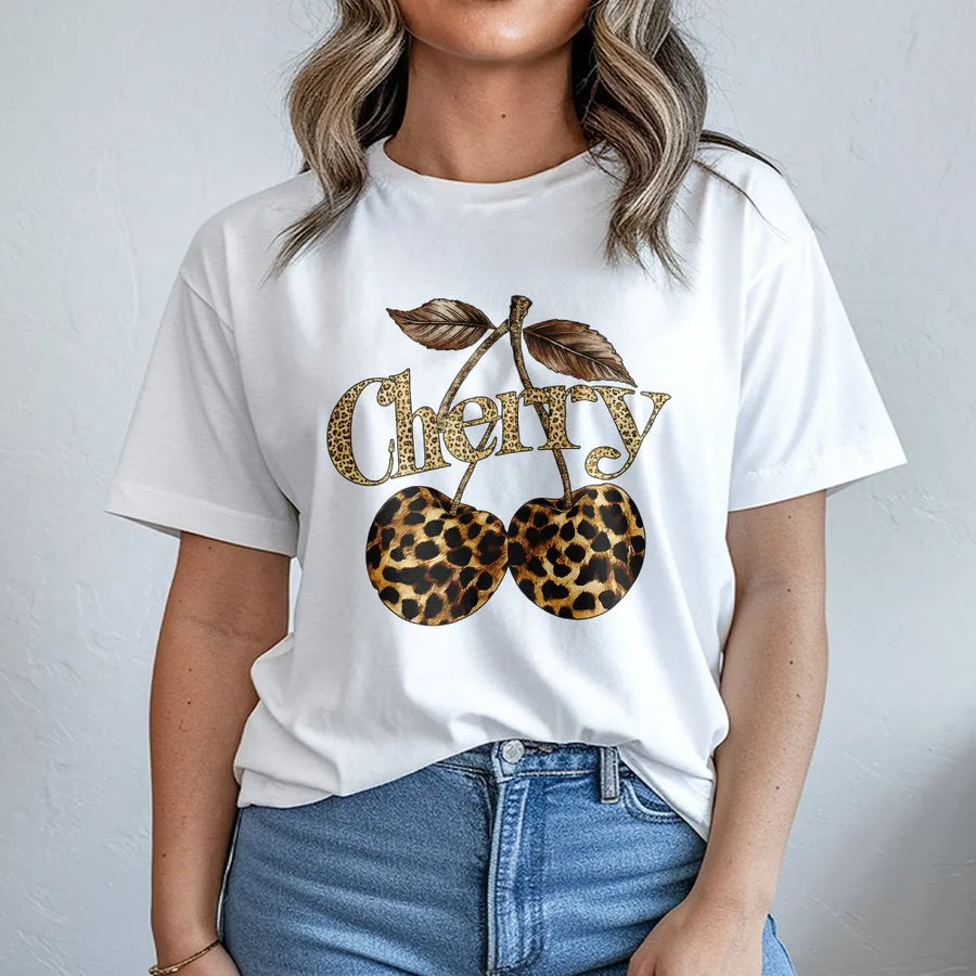 Leopard Cherry T-Shirt | Trendy Animal Print Fruit Graphic | Soft Cotton Blend Fleece | Y2K Aesthetic Gift for Her
