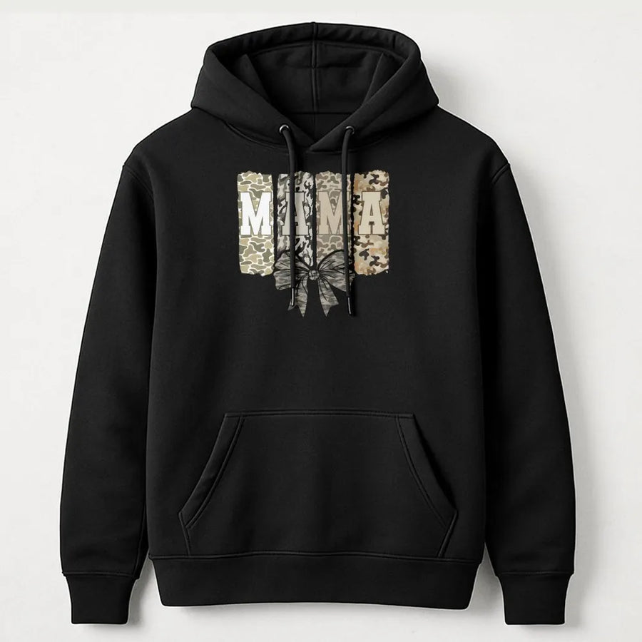 Mama Camo Hoodie | Trendy Camouflage Bow Graphic | Premium Soft Cotton Blend | Cute Country Mom Gift Idea