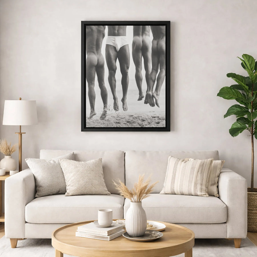 Men Jumping on Beach Canvas | Artistic Black and White Photography Wall Art | Premium Gallery-Wrapped Print | Modern Male Figure Home Decor