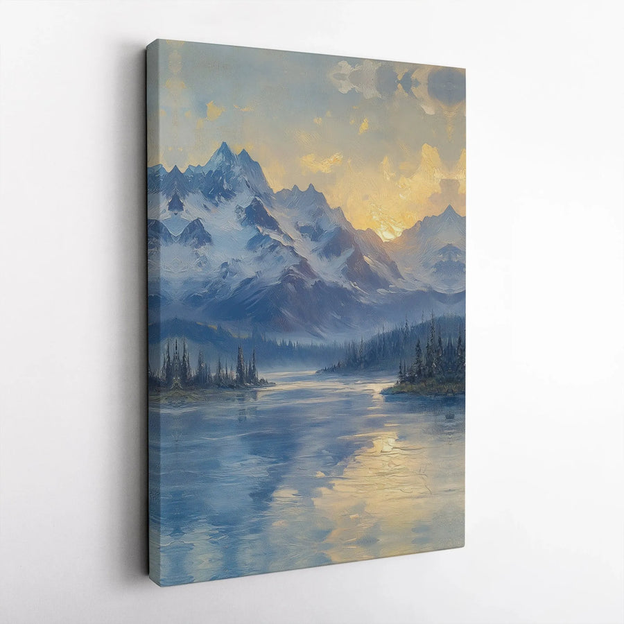 Mountain Lake Canvas Print | Snowy Peak Landscape Oil Painting Style | Premium Gallery Wrap Wall Art | Nature Home Decor Gift for Office