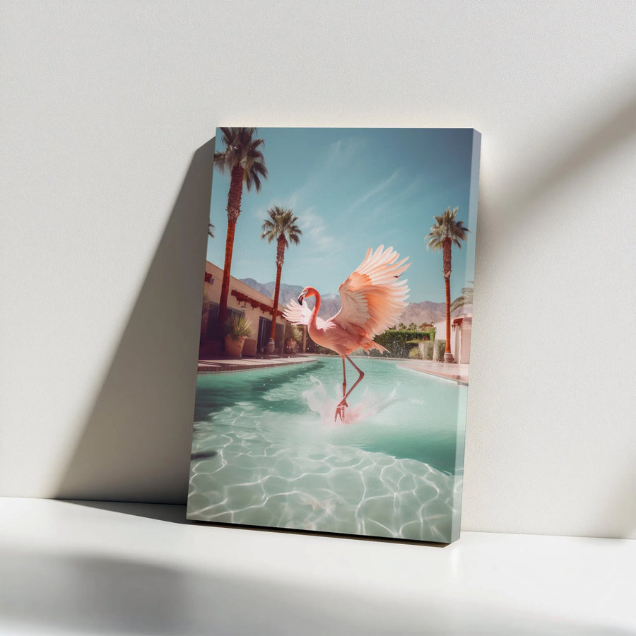 Vintage Flamingo Wall Art | Retro Palm Springs Pool Scene Canvas Print | High-Quality Gallery Canvas | Modern Living Room Decor Gift