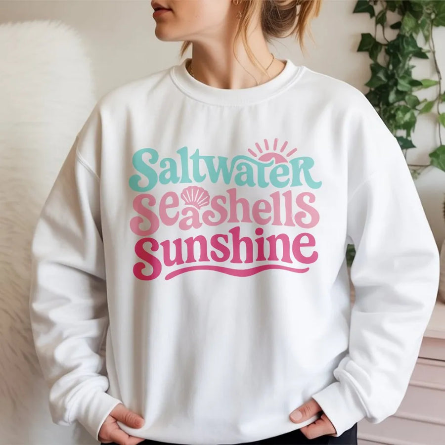 Summer Beach Sweatshirt | Saltwater Seashells Sunshine Graphic | Soft Cotton Blend | Cute Ocean Lover Vacation Gift for Women