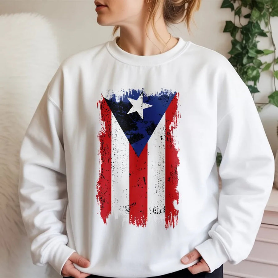 Puerto Rico Flag Sweatshirt | Distressed Brush Stroke Design | Premium Cotton-Poly Blend | Boricua Pride Heritage Gift For Men And Women