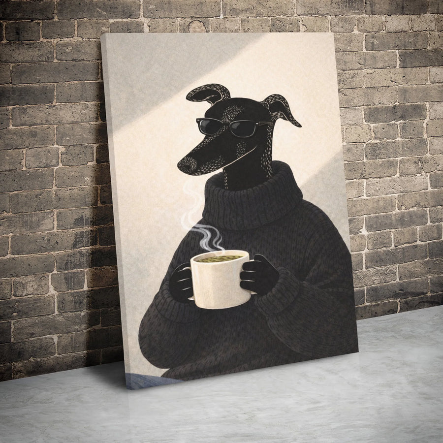Greyhound Dog Coffee Wall Art | Stylish Whippet In Sweater And Sunglasses | Premium Gallery Wrapped Canvas | Quirky Animal Portrait Decor Gift