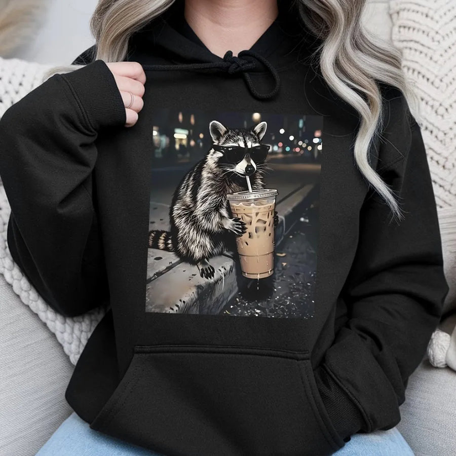 Funny Raccoon Hoodie | Iced Coffee Drinking Animal Meme | Premium Cotton-Blend Graphic Sweatshirt | Gift for Coffee Lovers & Animal Enthusiasts