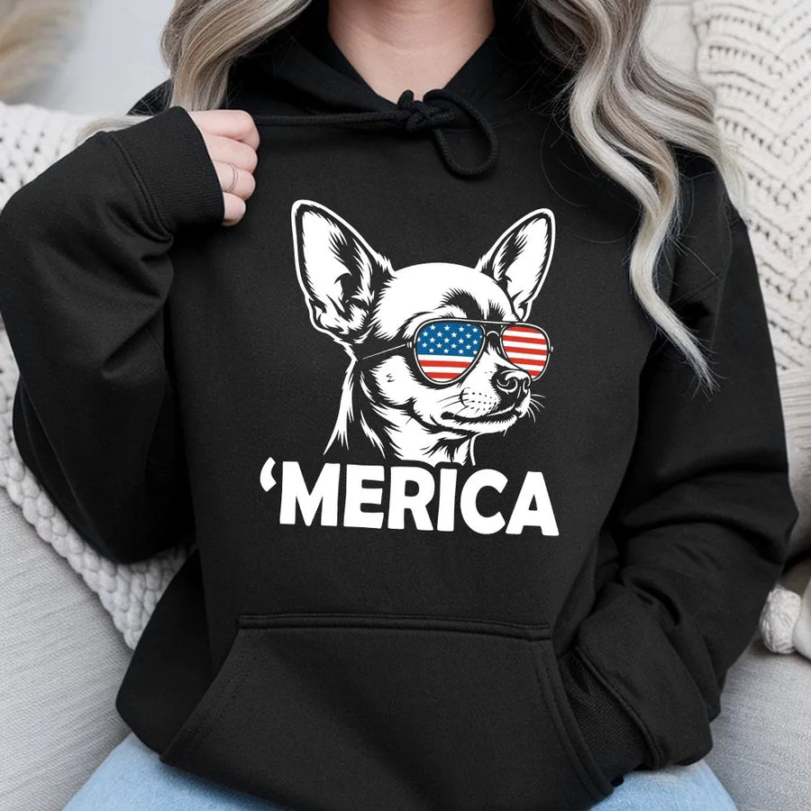 'Merica Dog Hoodie | Funny Chihuahua with American Flag Sunglasses | Premium Cotton Blend | Patriotic 4th of July Gift for Dog Lovers